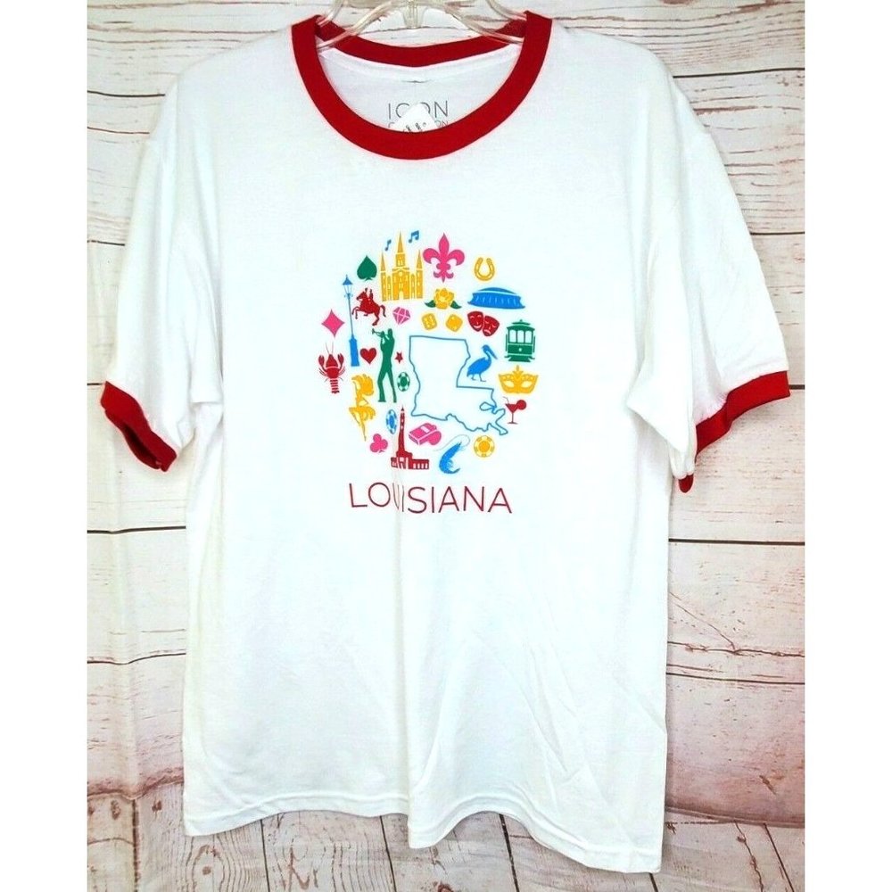 Rare Unisex Louisiana White Red Ringer Icon Collection Cotton Graphic L T Shirt